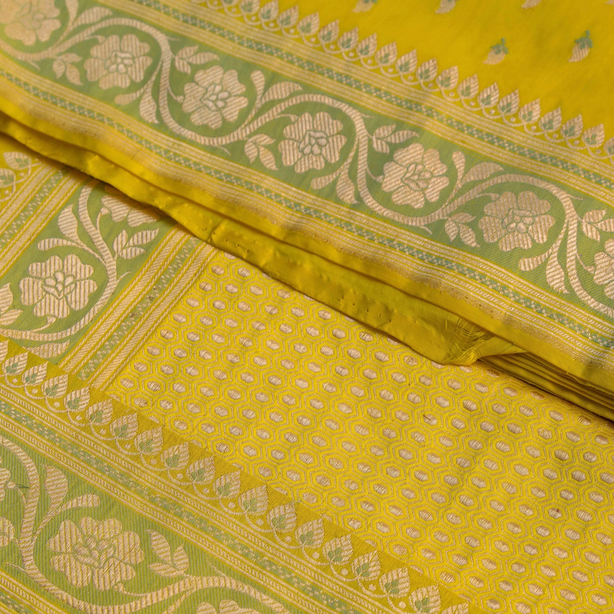 Lemon Yellow Butidar Banarasi Silk Saree, fabric close-up