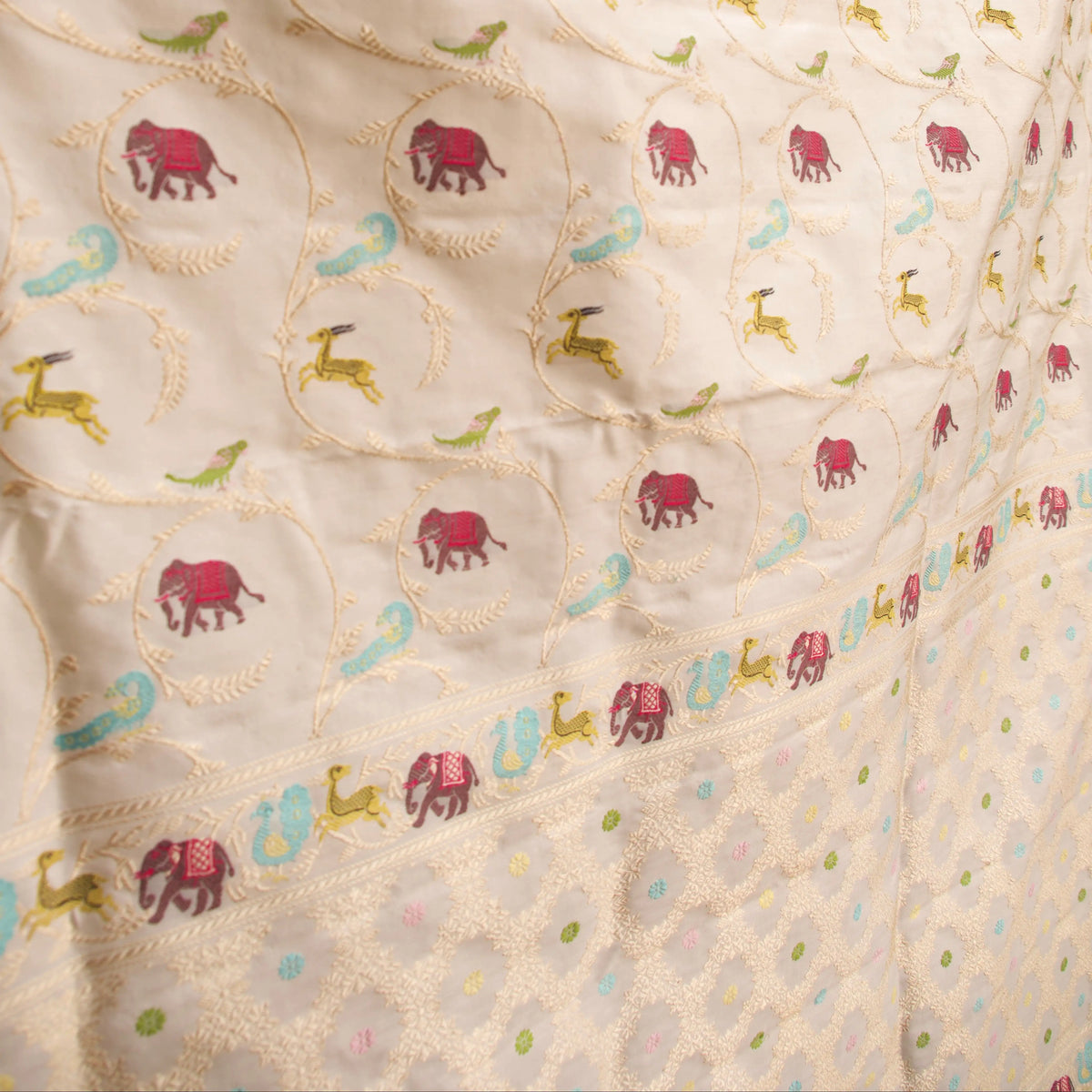 Ivory Jaal Banarasi Silk Saree, detail view