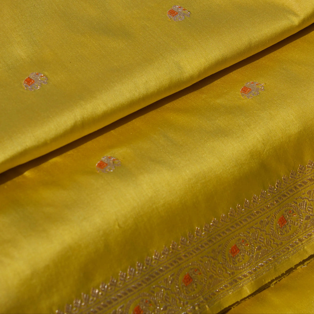 Yellow Butidar Banarasi Silk Saree, fabric close-up