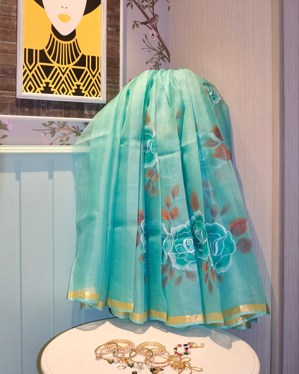 Kota Silk Handpainted Saree in Sea Green
