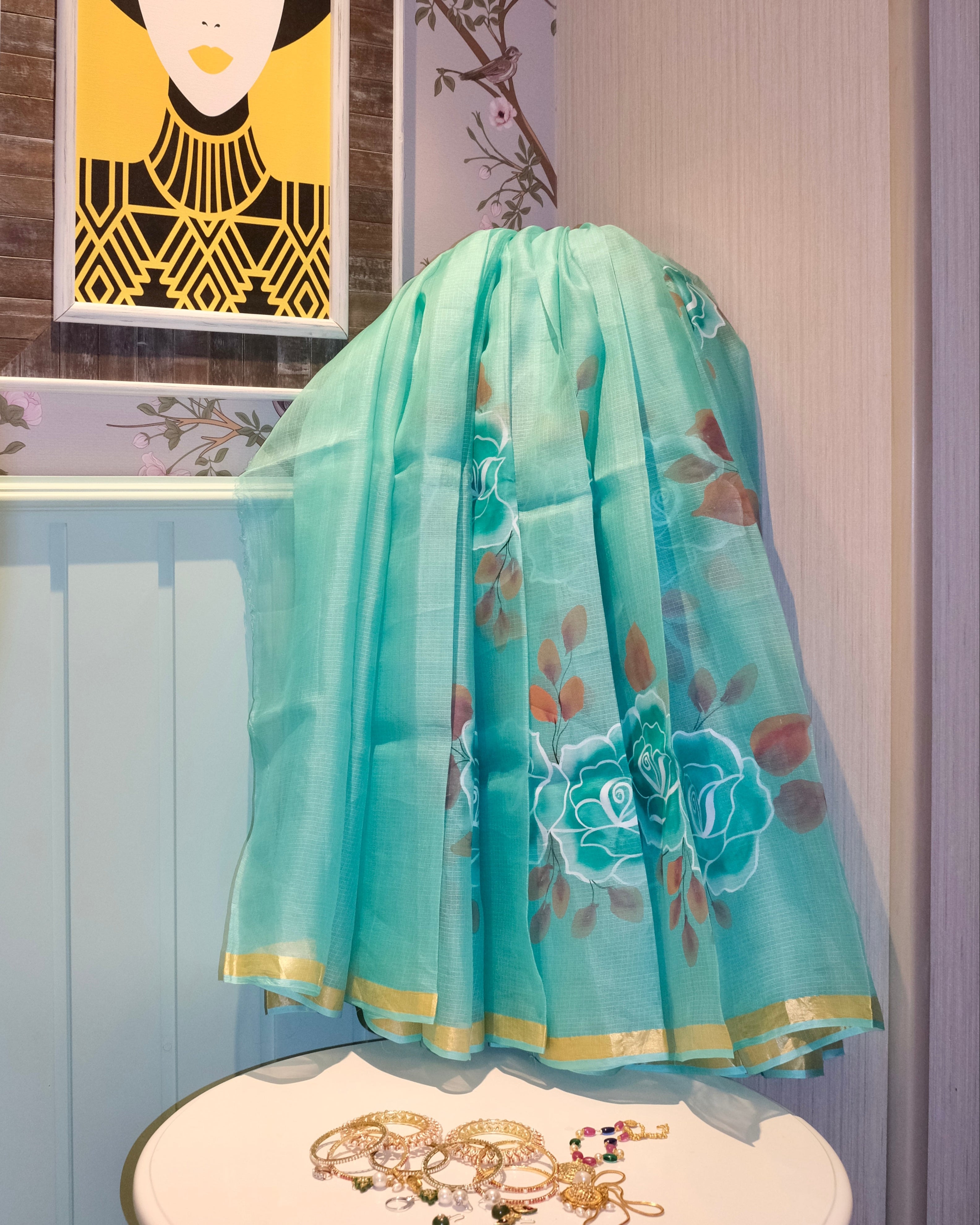Kota Silk Handpainted Saree in Sea Green