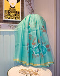 Sea Green Hand-Painted Kota Silk Saree with zari borders and zari border, full saree