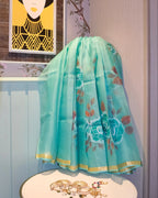 Sea Green Hand-Painted Kota Silk Saree with zari borders and zari border, full saree