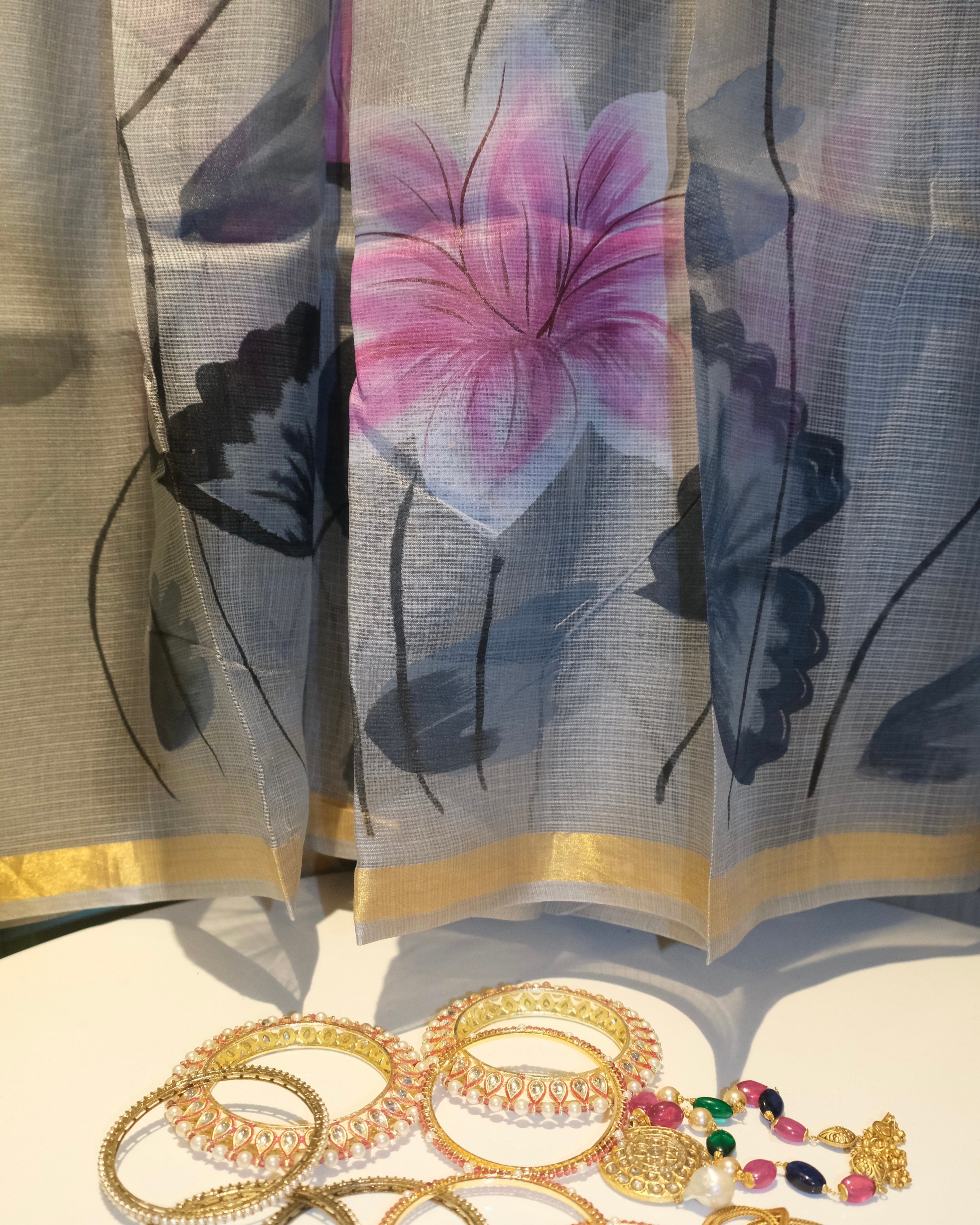 Kota Silk Handpainted Saree in Grey