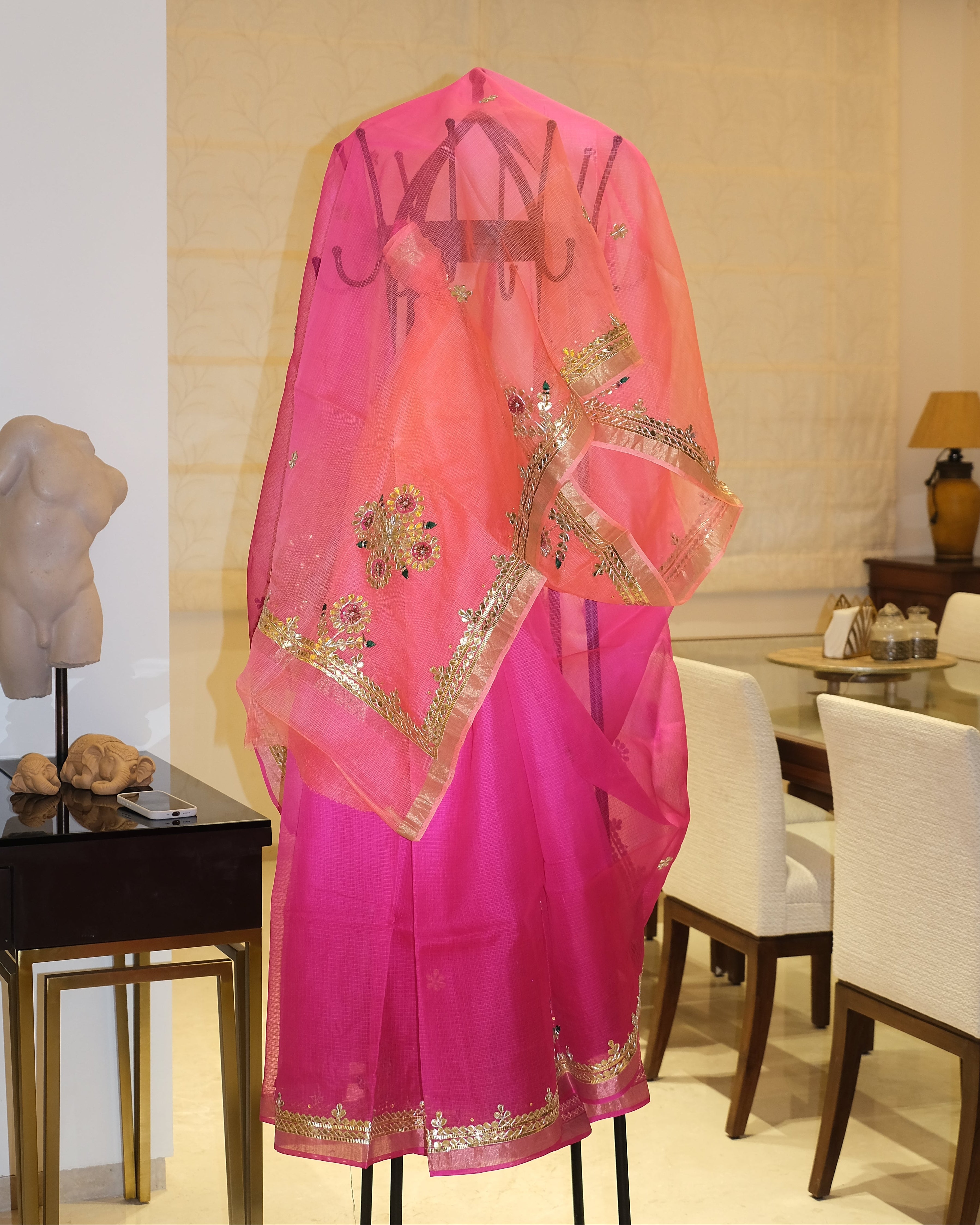Shaded Kota Silk Gota Work Saree in Peach Pink
