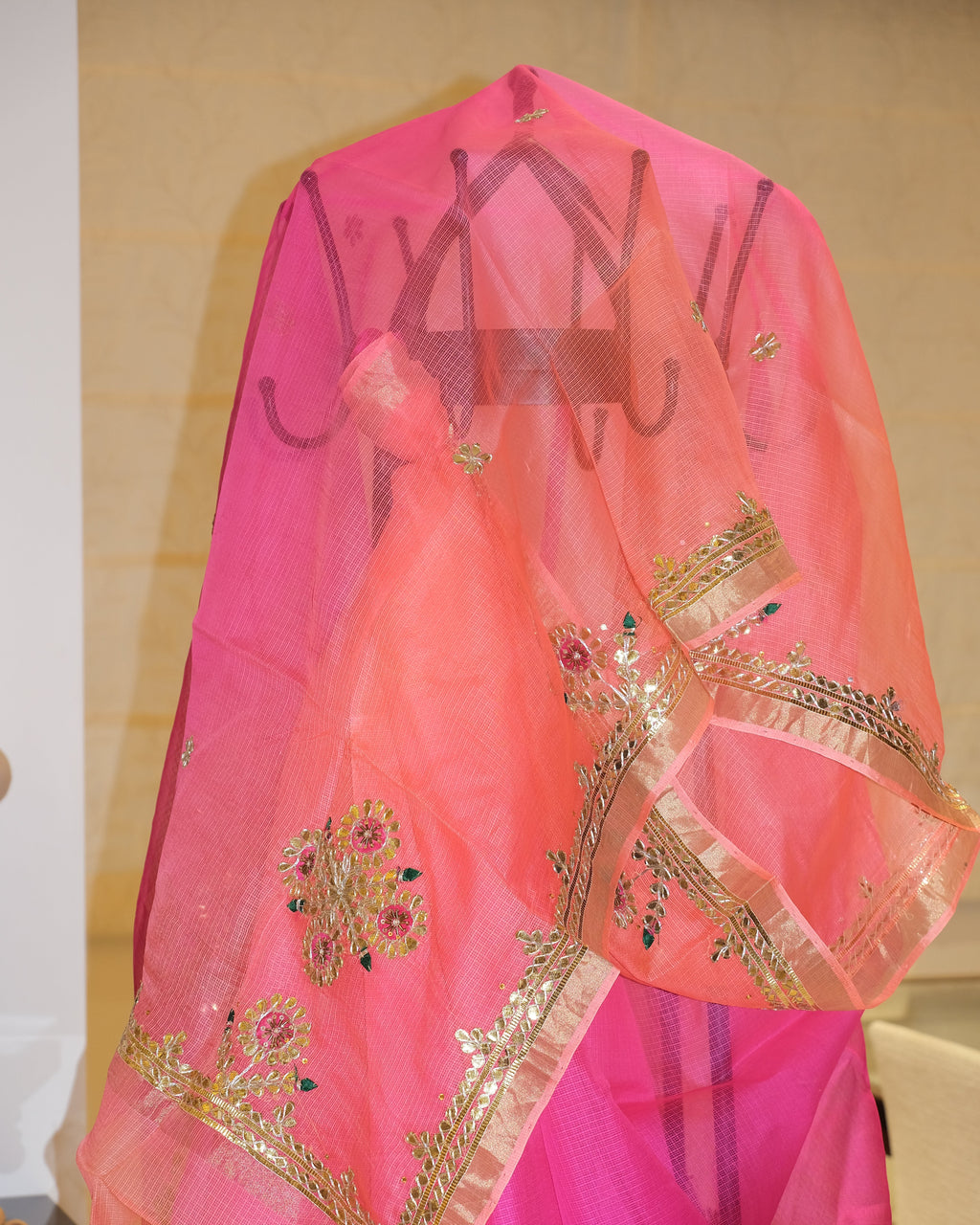 Shaded Kota Silk Gota Work Saree in Peach Pink