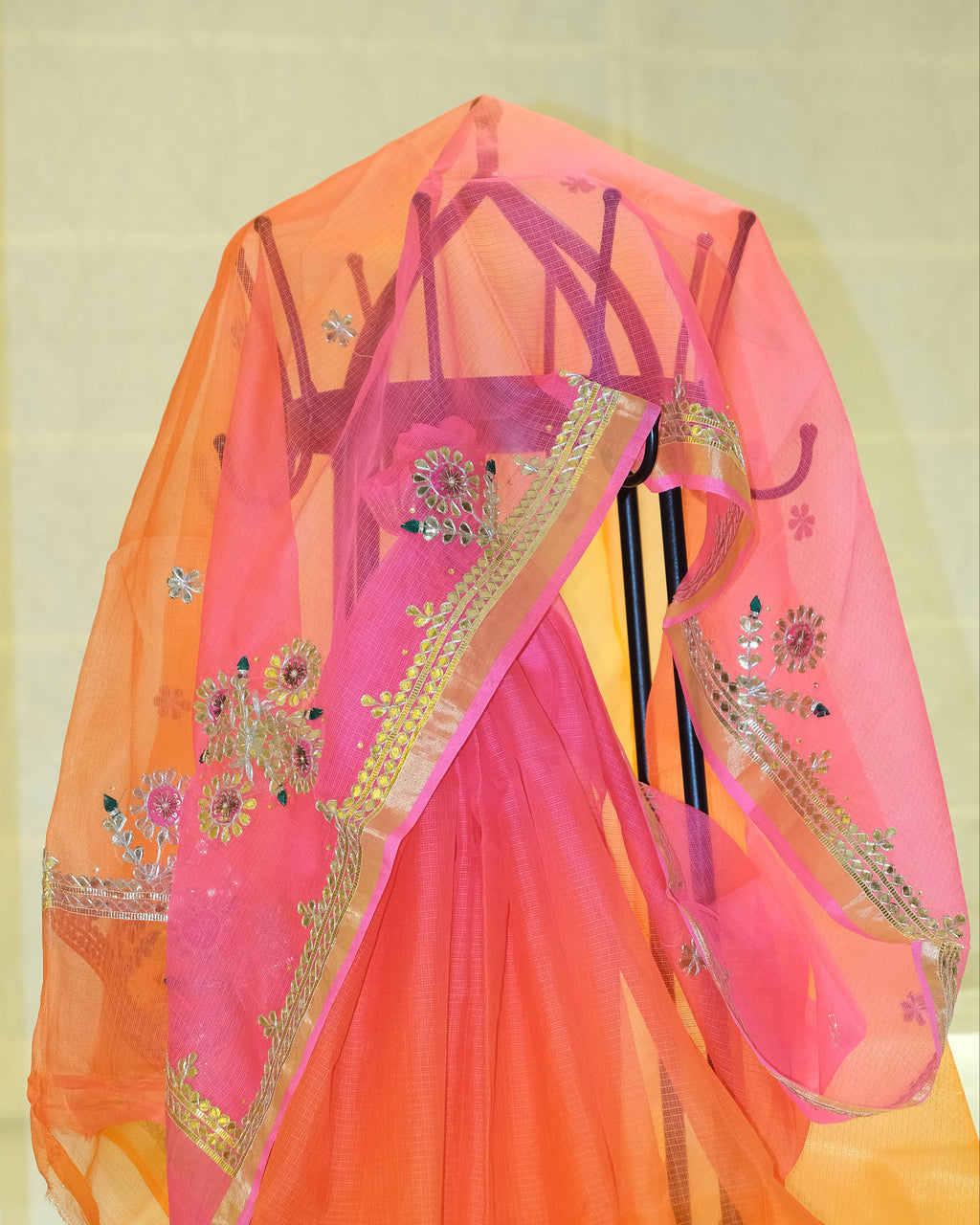 Shaded Kota Silk Gota Work Saree in Orange Pink