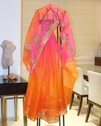 Shaded Kota Silk Gota Work Saree in Orange Pink