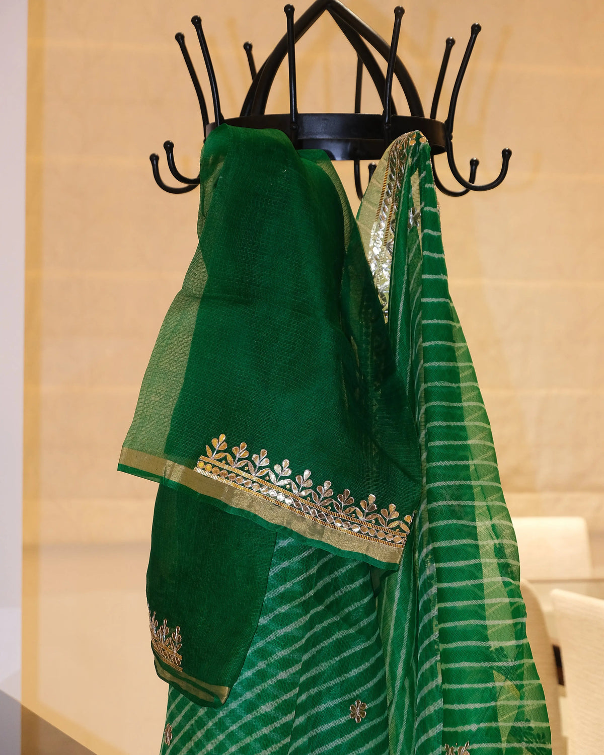 Green Gota Patti Kota Silk Leheriya Saree, detail view
