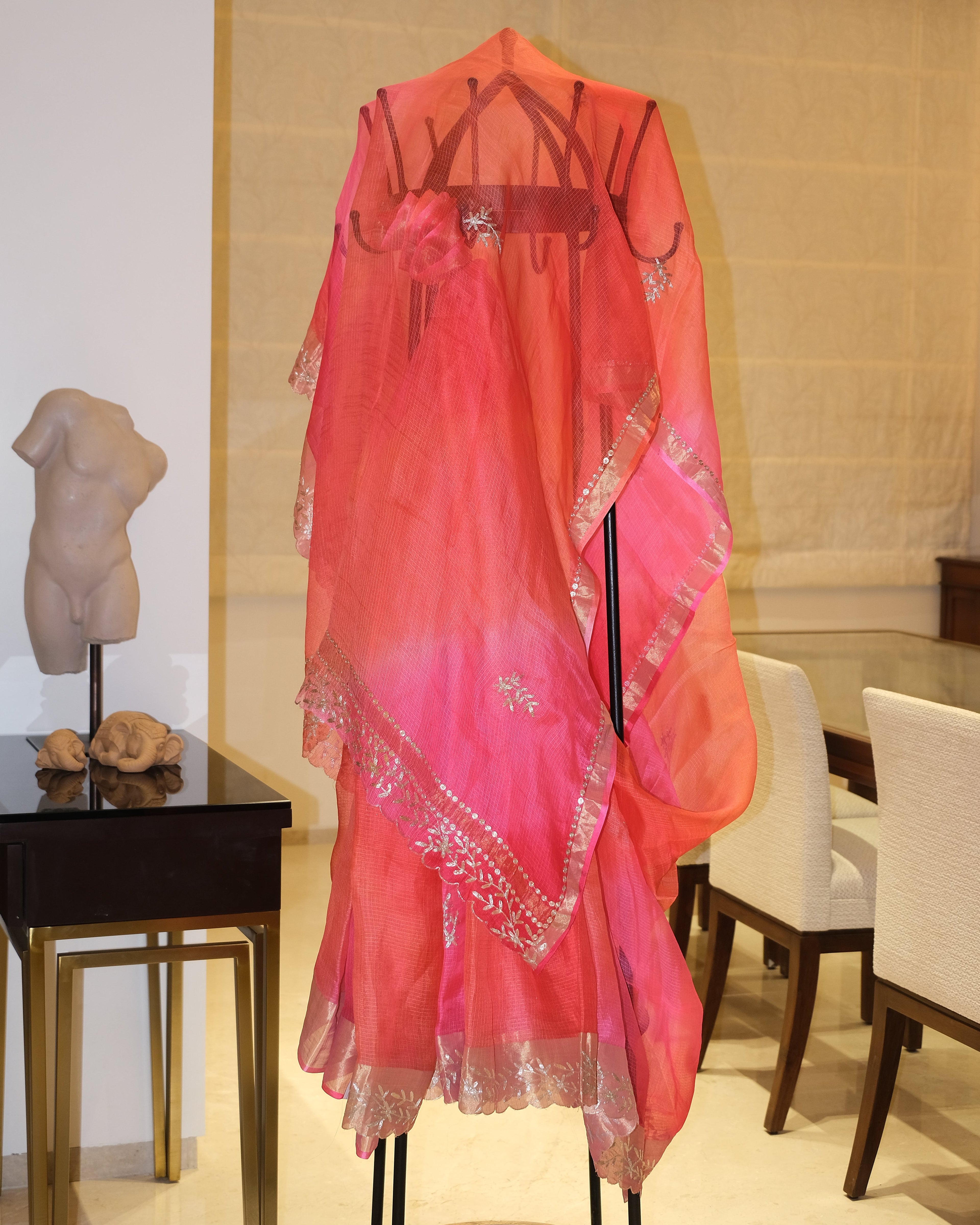 Shaded Kota Silk Pita Work Saree in Orange Pink