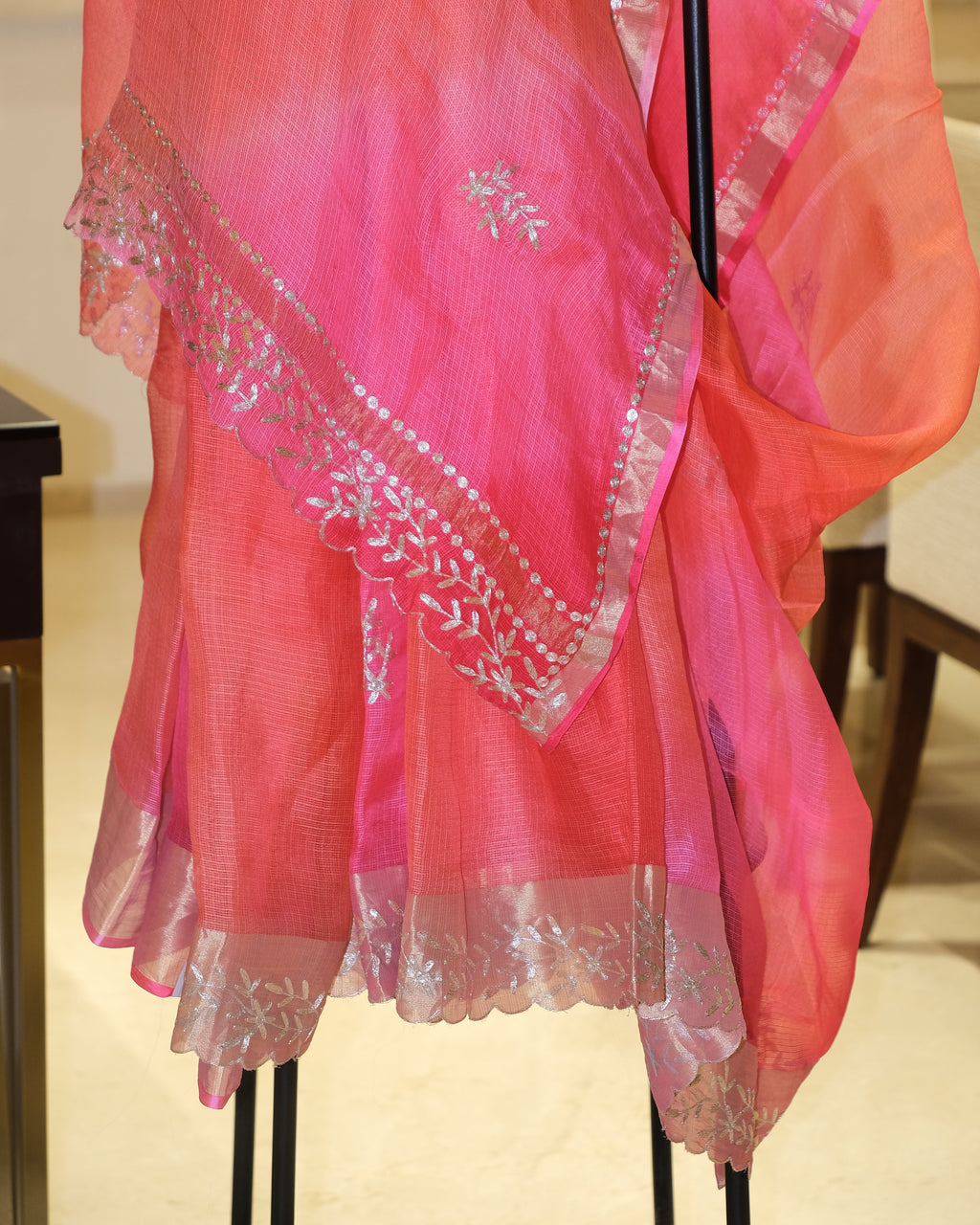 Shaded Kota Silk Pita Work Saree in Orange Pink