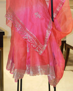 Orange Pink Pita Work Kota Silk Saree, craft and fabric detail