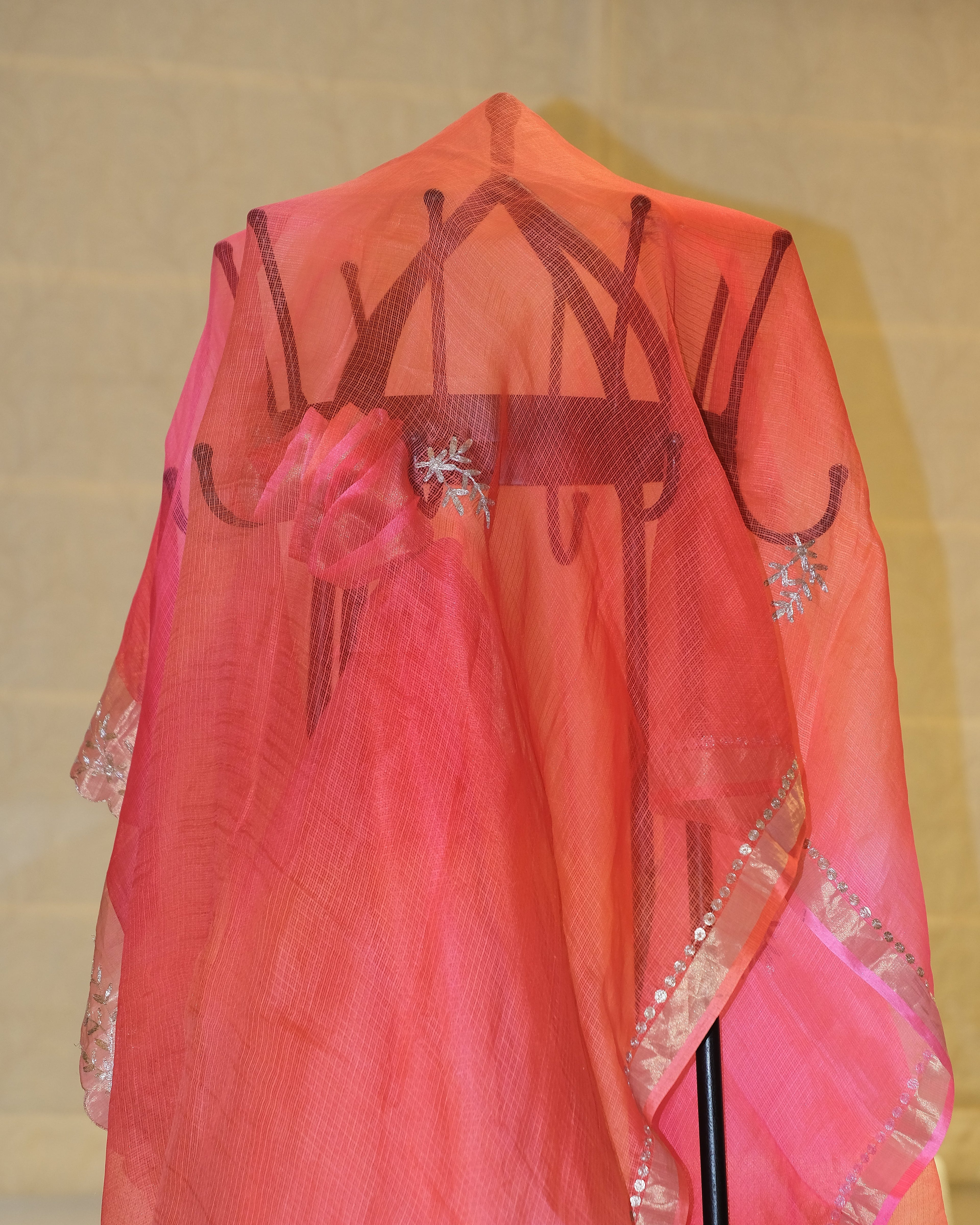Shaded Kota Silk Pita Work Saree in Orange Pink