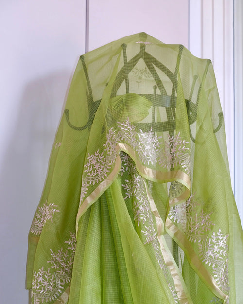 Green Pita Work Kota Silk Saree, detail view