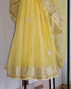 Yellow Pita Work Kota Silk Saree, craft and fabric detail