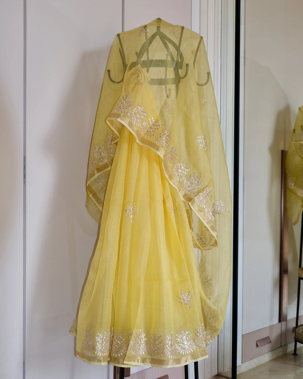 Yellow Pita Work Kota Silk Saree with pita work and zari borders, full saree