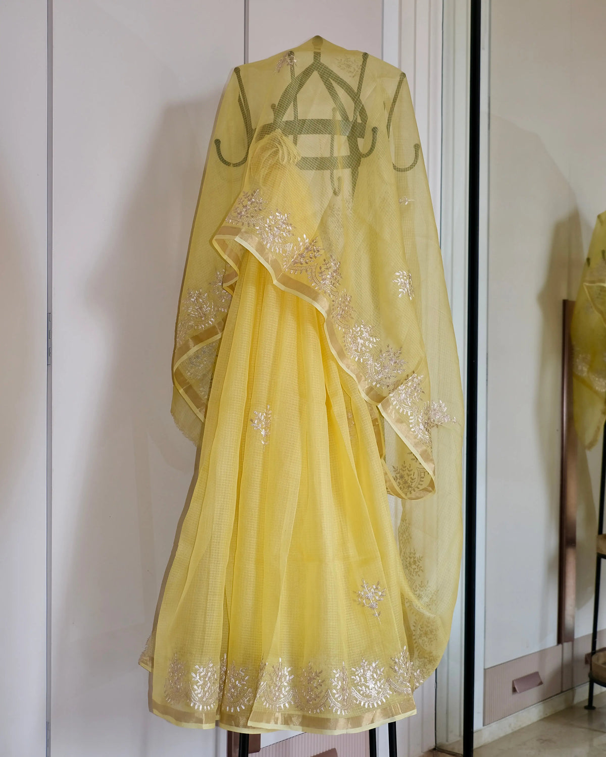 Yellow Pita Work Kota Silk Saree with pita work and zari borders, full saree