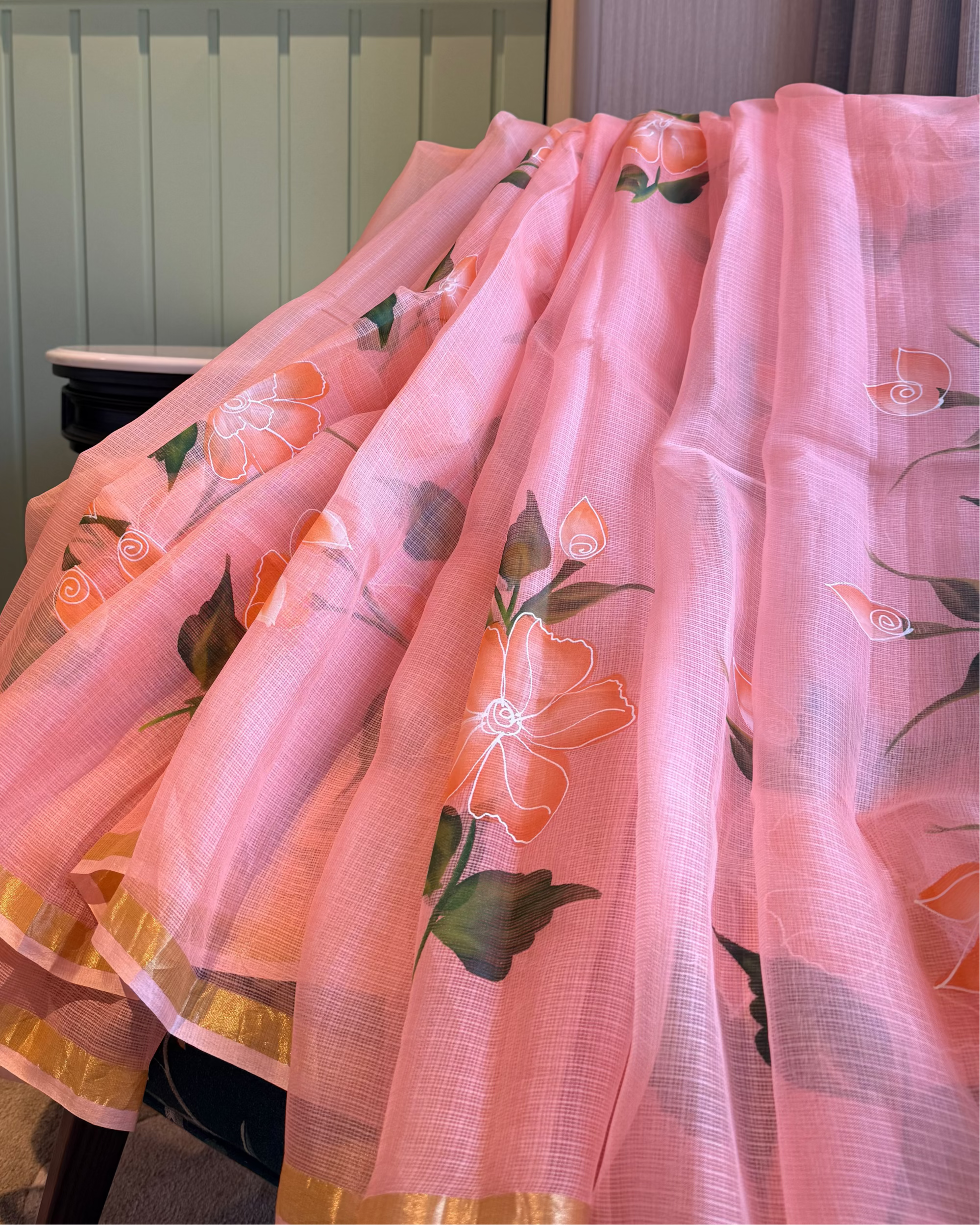 Kota Silk Handpainted Saree in Peach