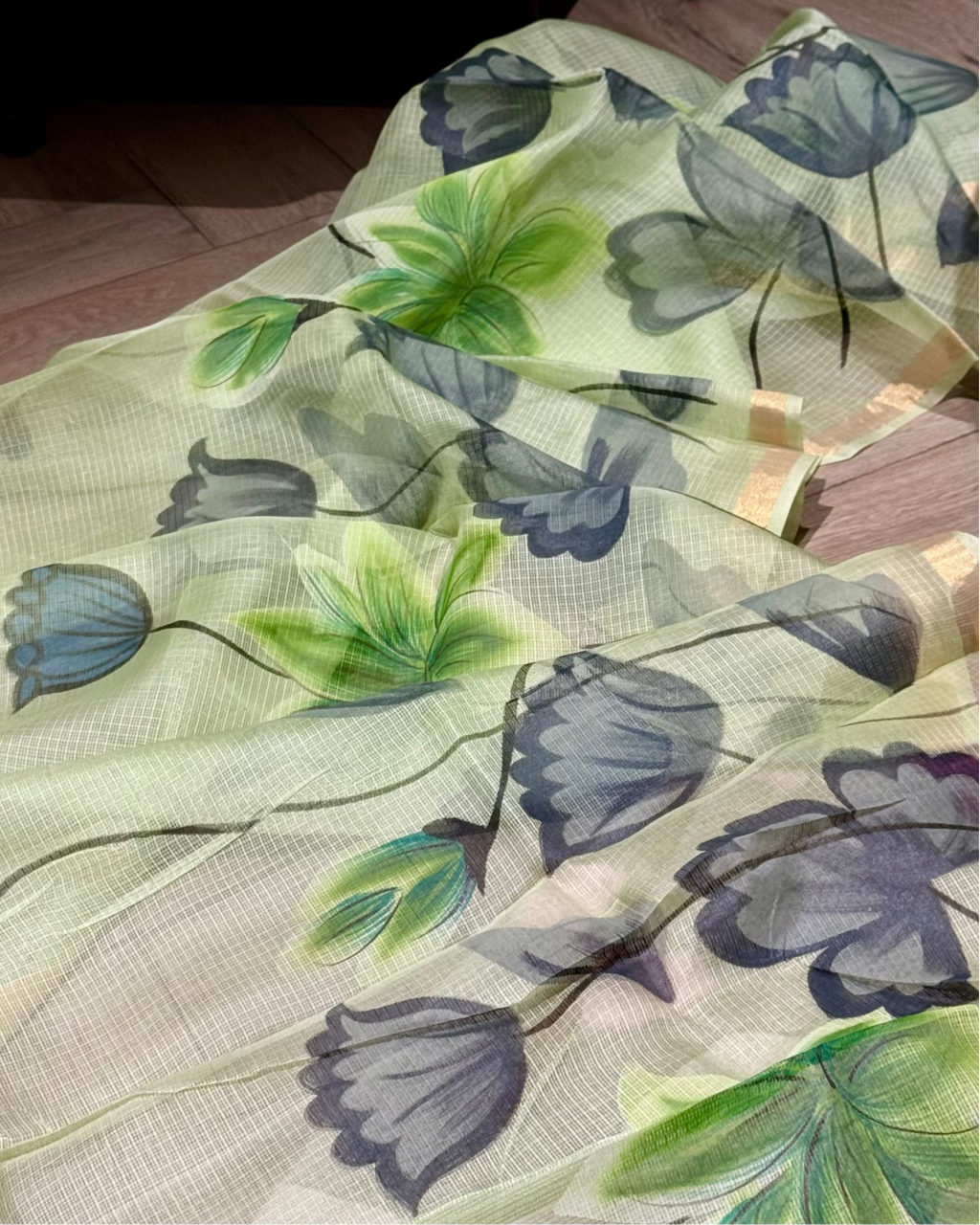 Kota Silk Handpainted Saree in Green