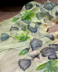 Green Hand-Painted Kota Silk Saree with zari borders and zari border, full saree