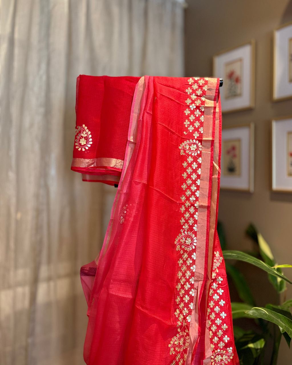 Shaded Kota Silk Gota Work Saree in Red