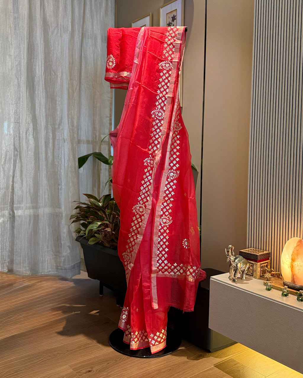 Shaded Kota Silk Gota Work Saree in Red