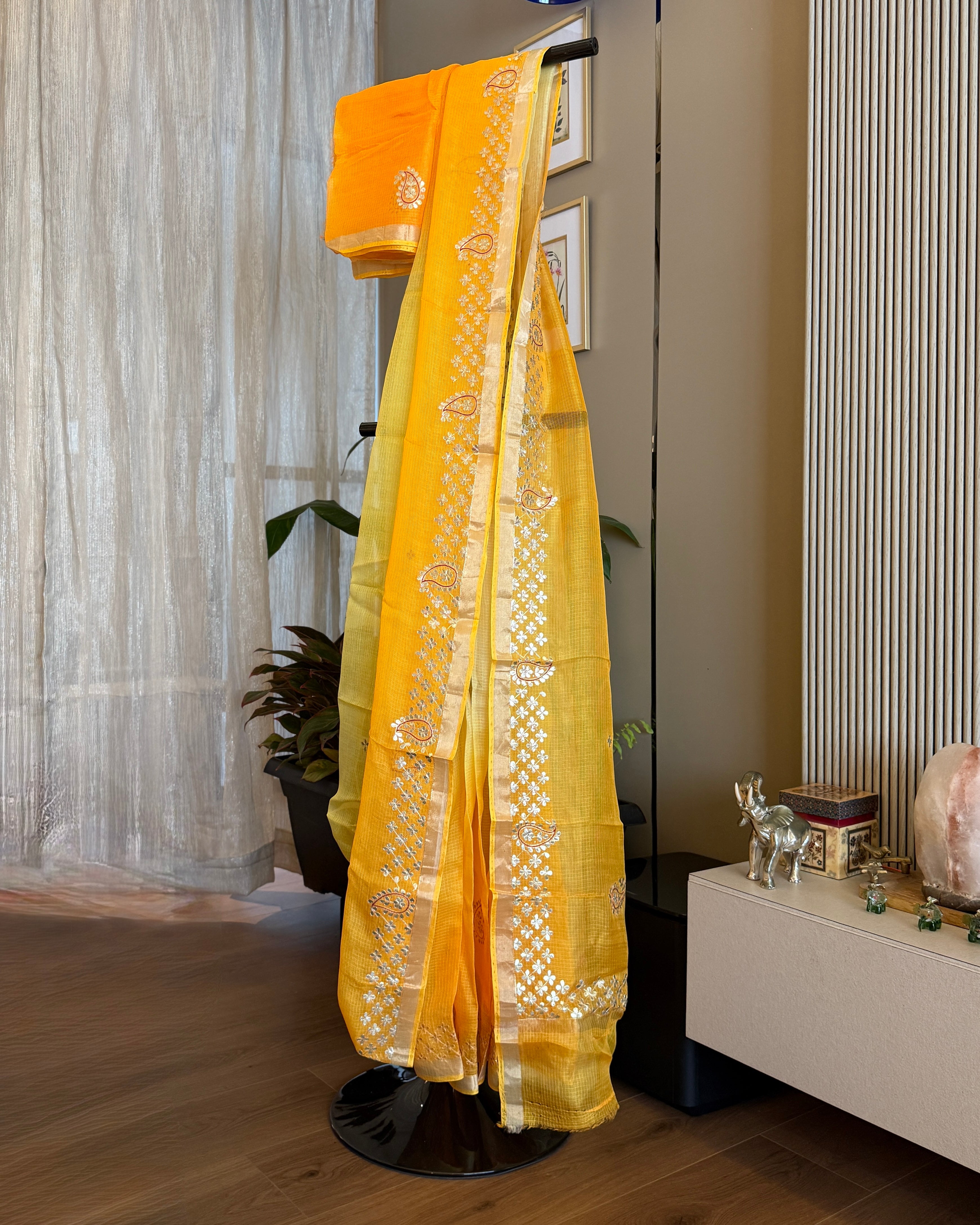 Shaded Kota Silk Gota Work Saree in Yellow