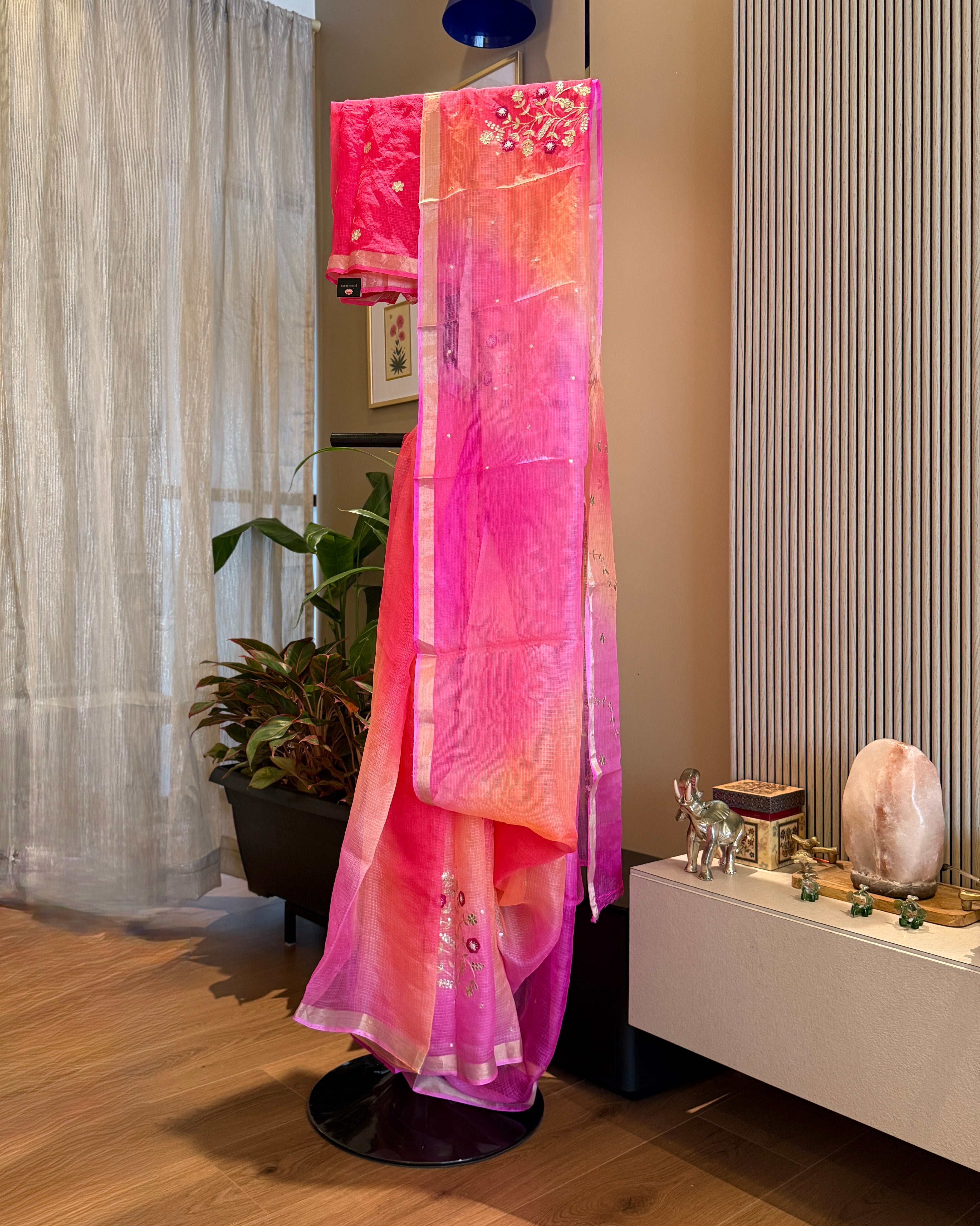 Shaded Kota Silk Embroidered Saree in Orange Pink