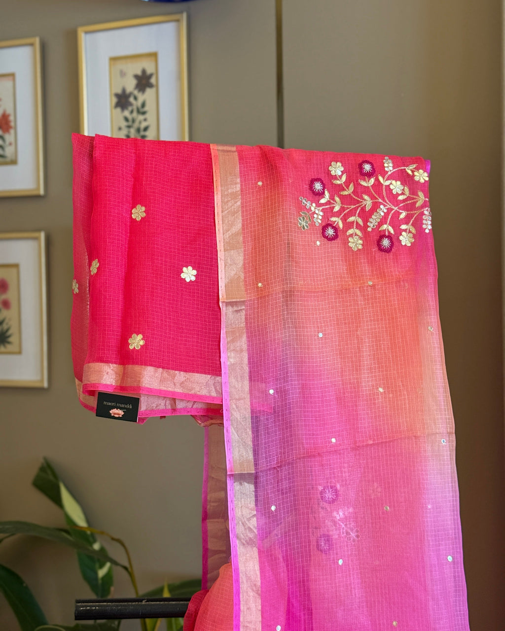 Shaded Kota Silk Embroidered Saree in Orange Pink