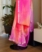 Shaded Kota Silk Embroidered Saree in Orange Pink