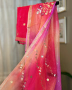 Shaded Kota Silk Embroidered Saree in Orange Pink