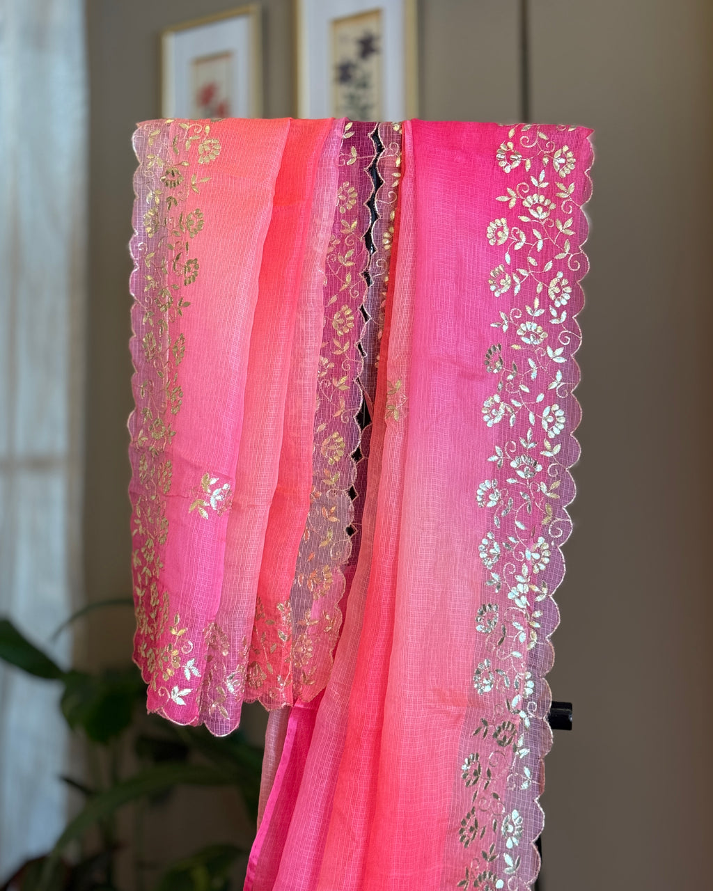 Shaded Kota Silk Pita Work Saree in Coral