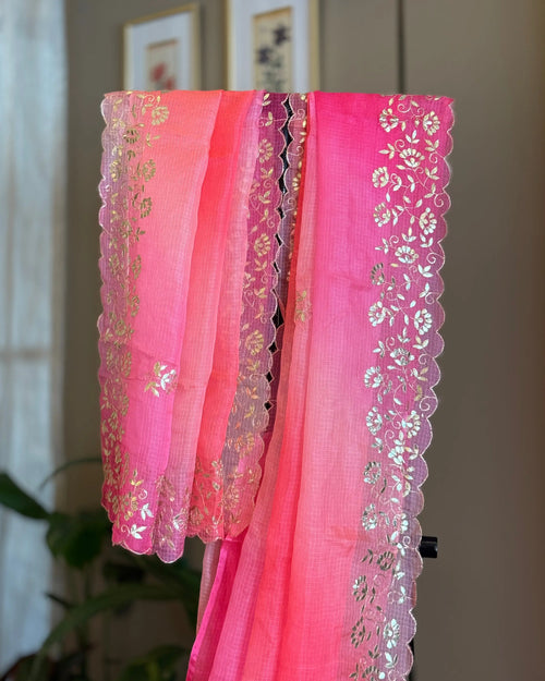 Coral Pita Work Kota Silk Saree, detail view