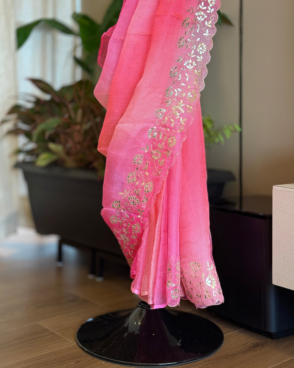 Shaded Kota Silk Pita Work Saree in Coral