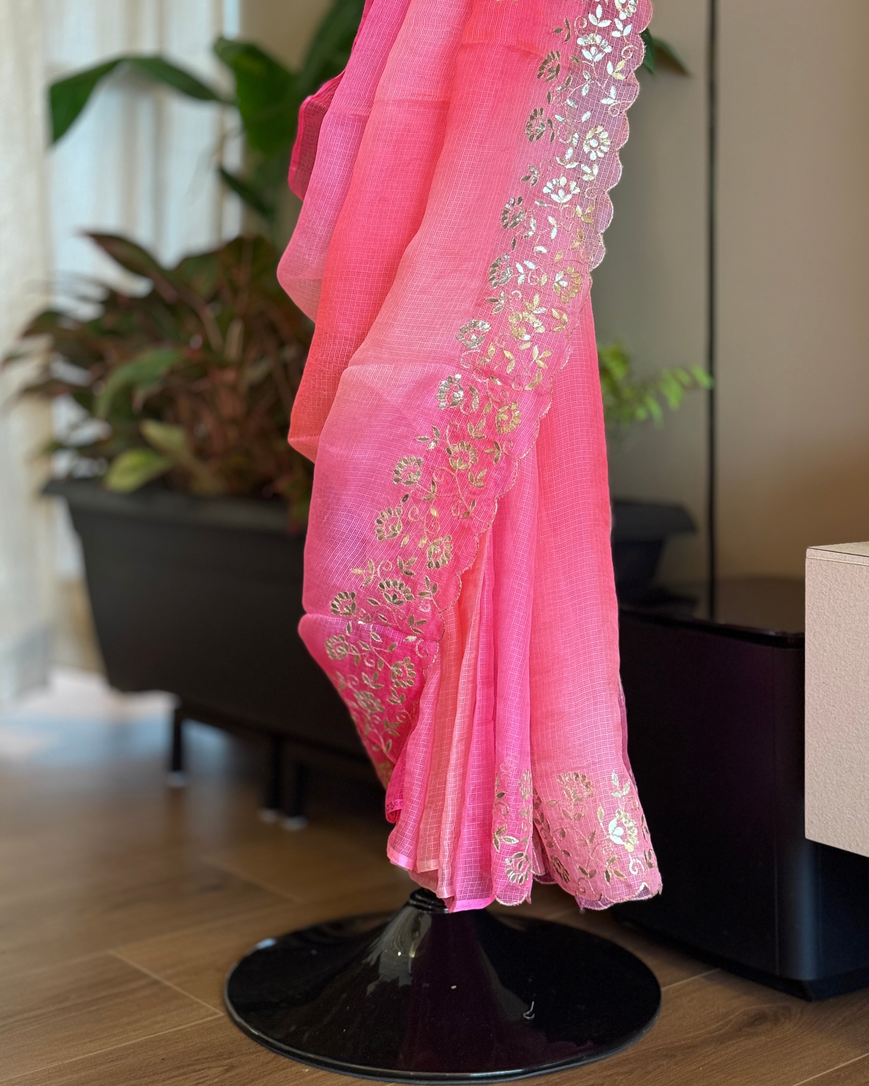 Shaded Kota Silk Pita Work Saree in Coral