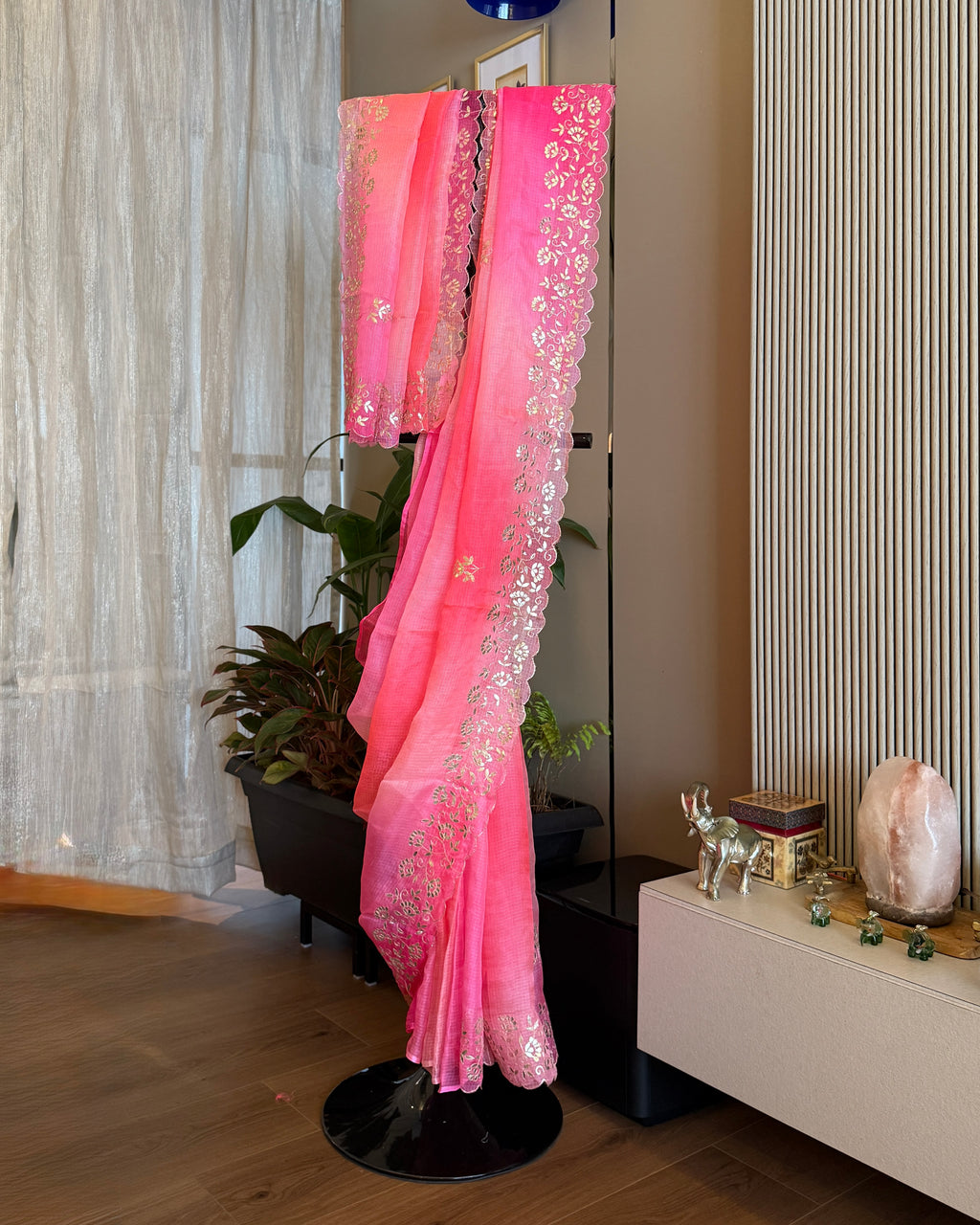 Shaded Kota Silk Pita Work Saree in Coral