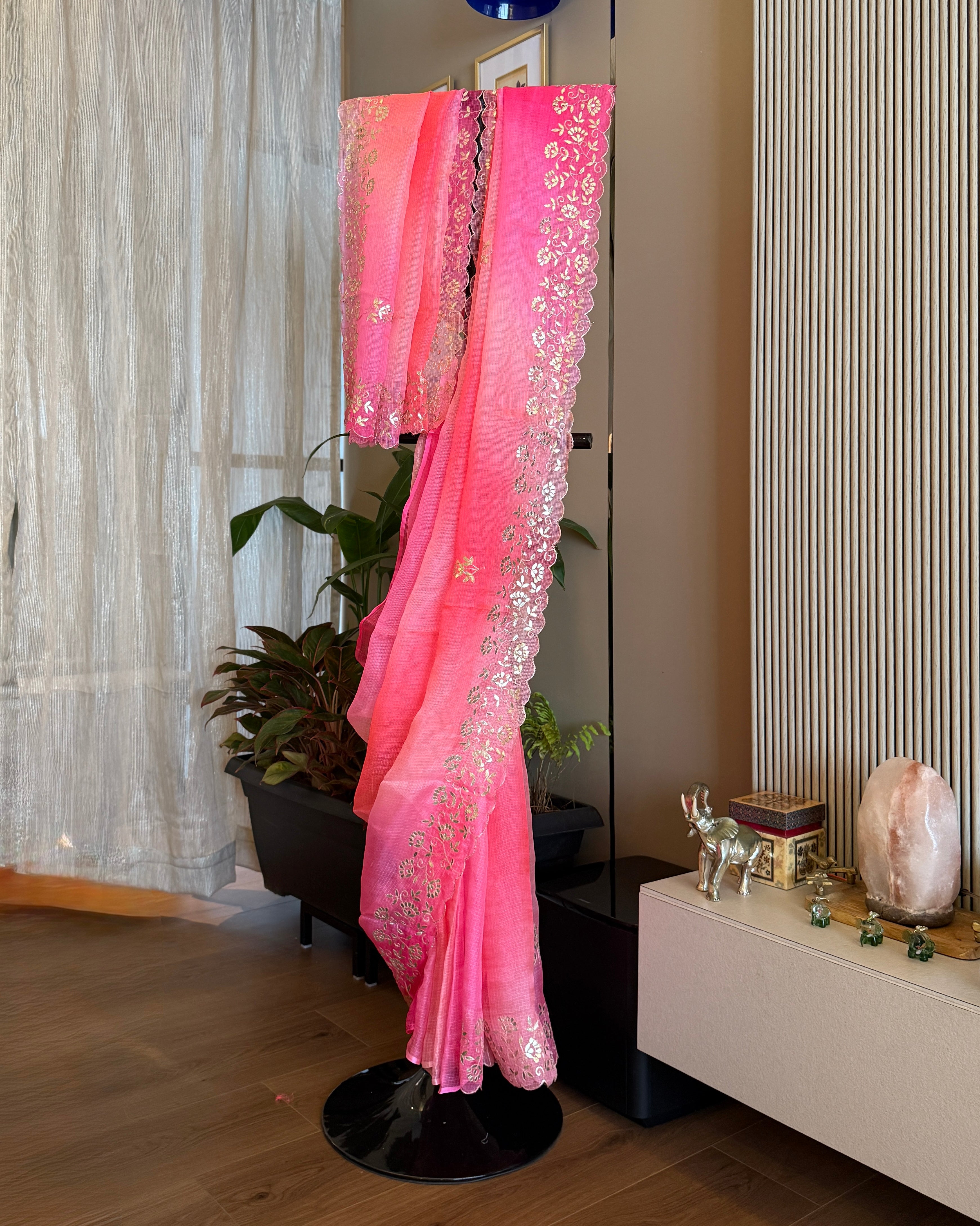 Shaded Kota Silk Pita Work Saree in Coral