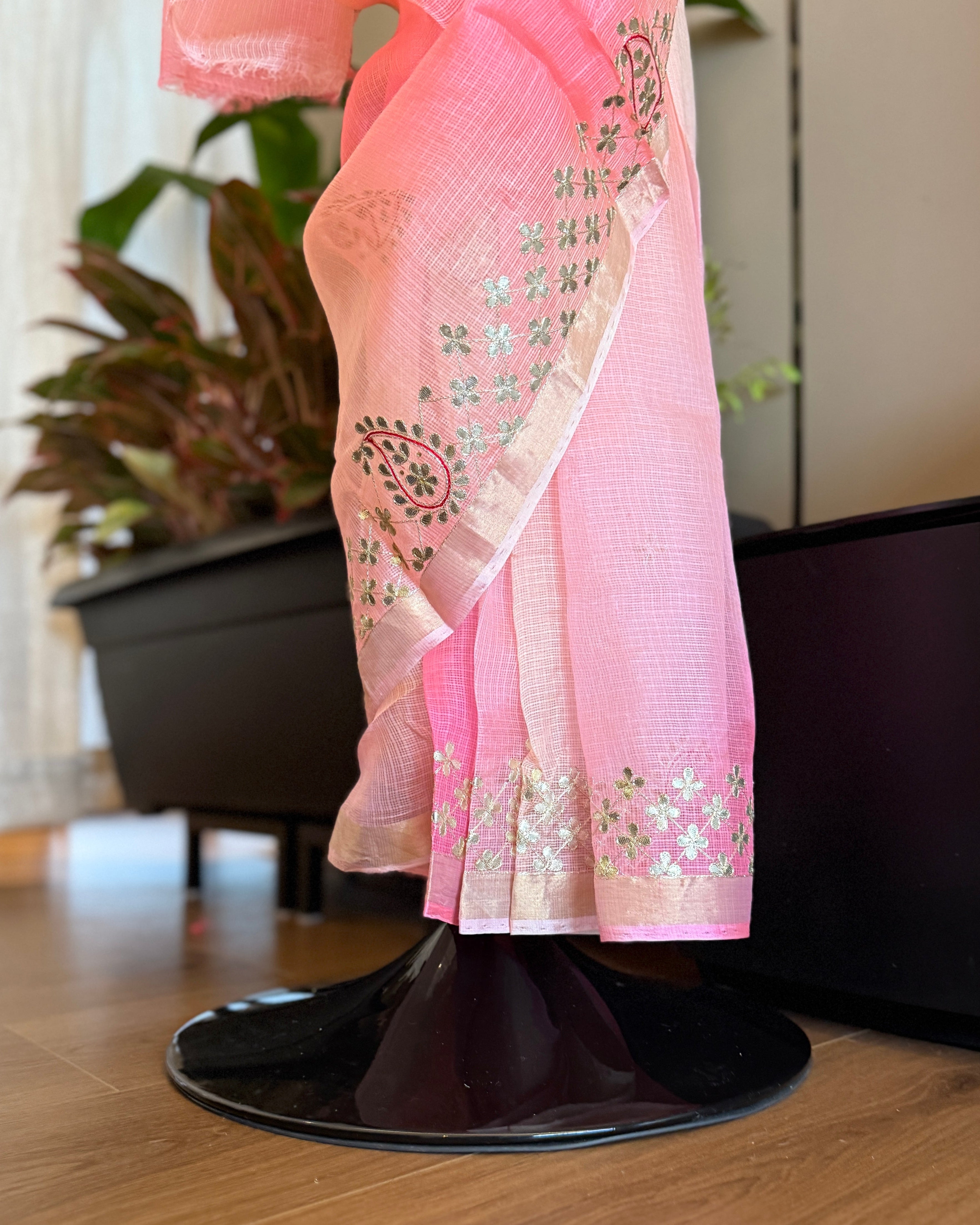 Shaded Kota Silk Gota Work Saree in Peach Blush