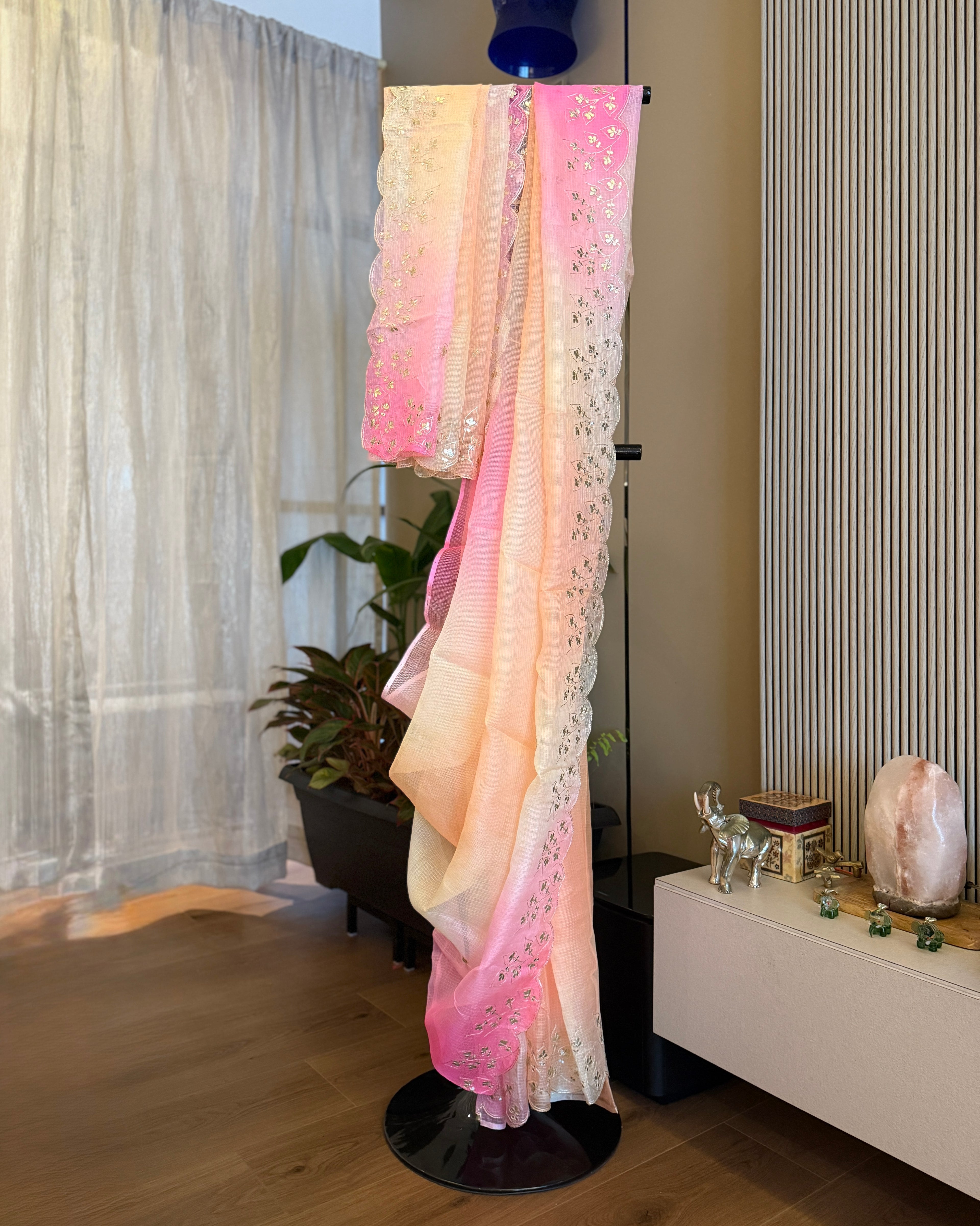 Shaded Kota Silk Pita Work Saree in Yellow Pink
