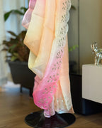 Shaded Kota Silk Pita Work Saree in Yellow Pink