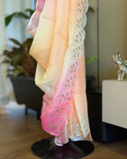 Yellow Pink Pita Work Kota Silk Saree, craft and fabric detail