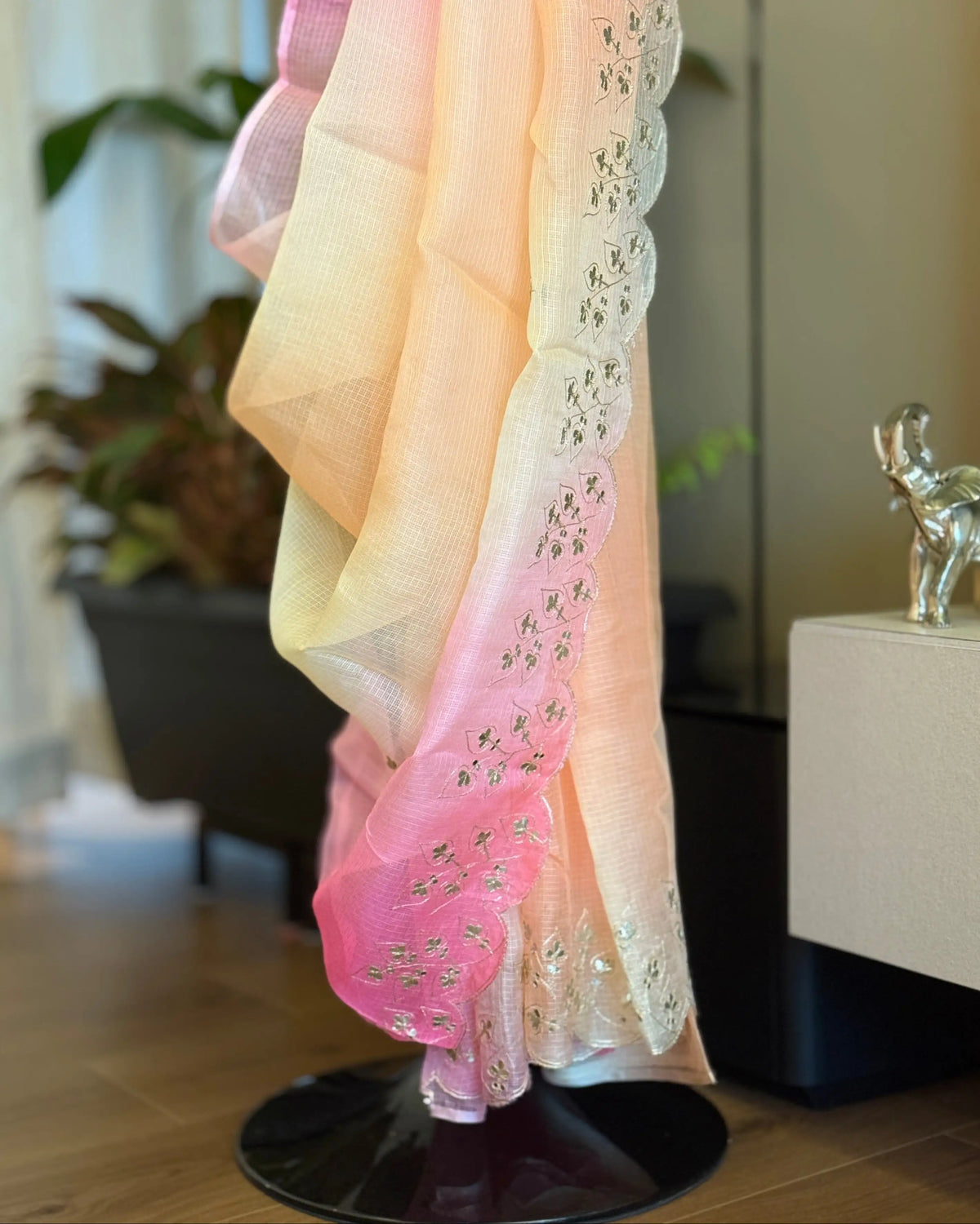 Yellow Pink Pita Work Kota Silk Saree, craft and fabric detail