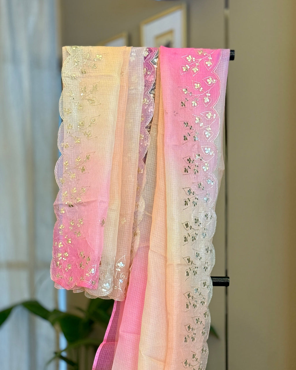 Shaded Kota Silk Pita Work Saree in Yellow Pink