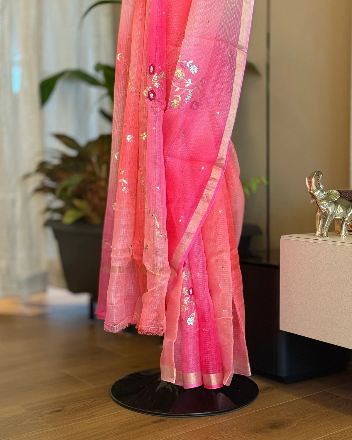 Coral Embroidered Kota Silk Saree, craft and fabric detail