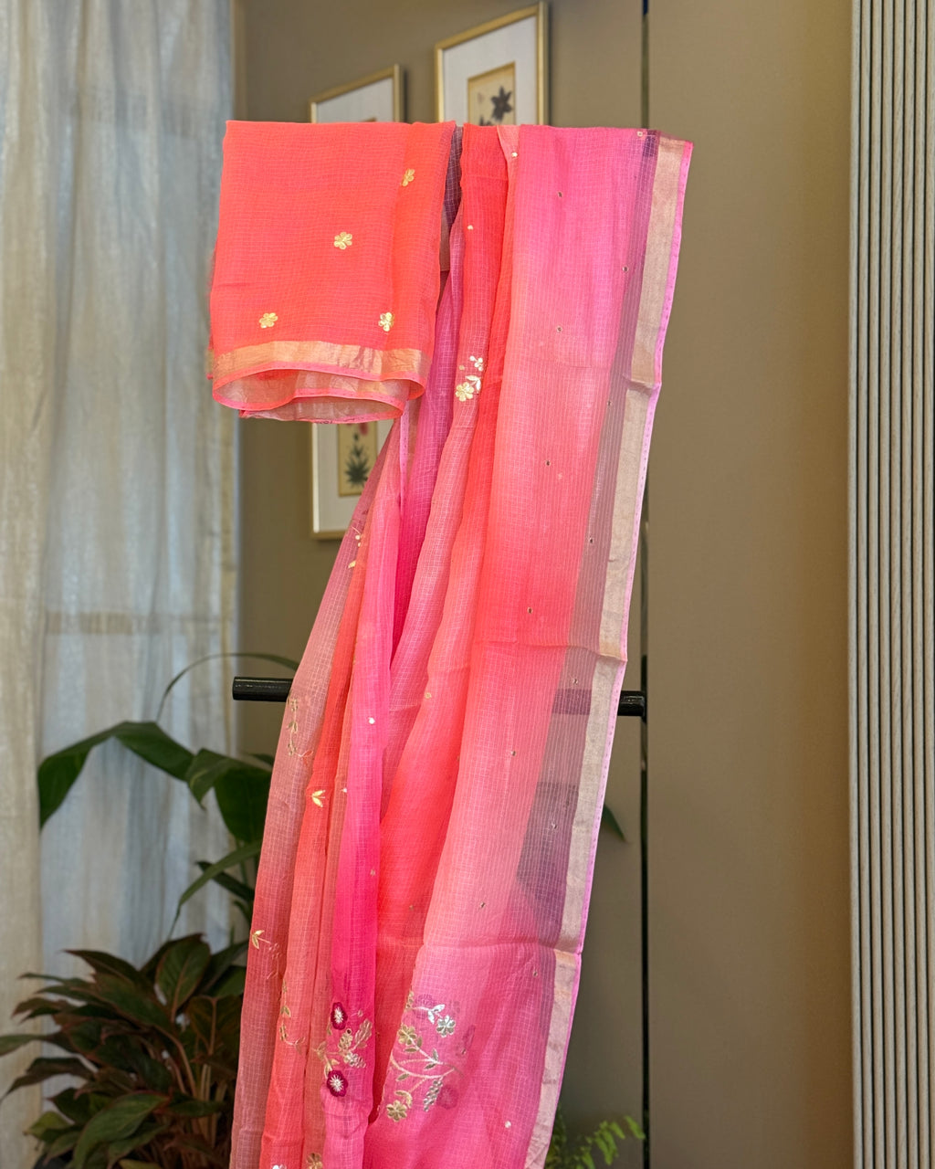 Shaded Kota Silk Embroidered Saree in Coral