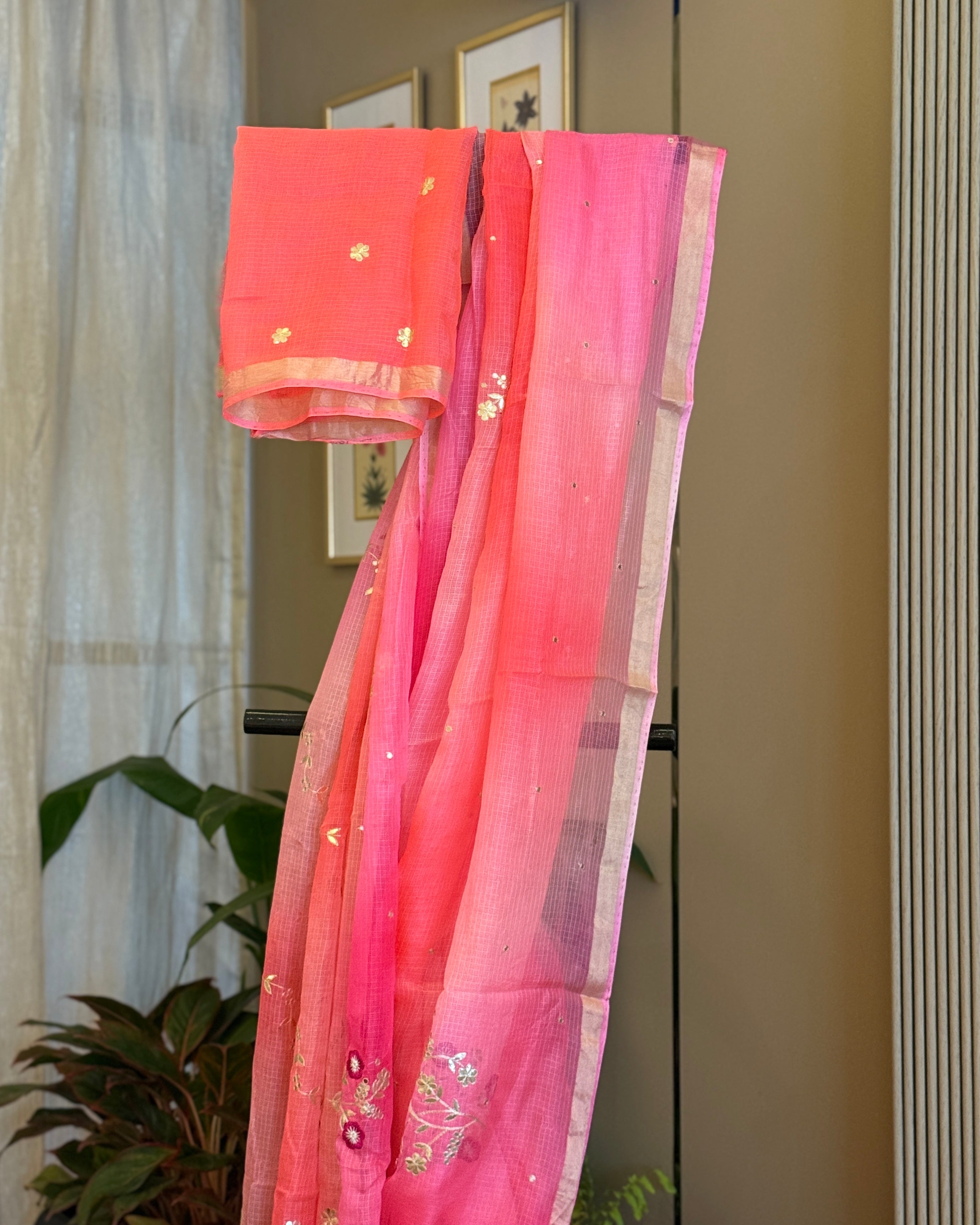 Shaded Kota Silk Embroidered Saree in Coral