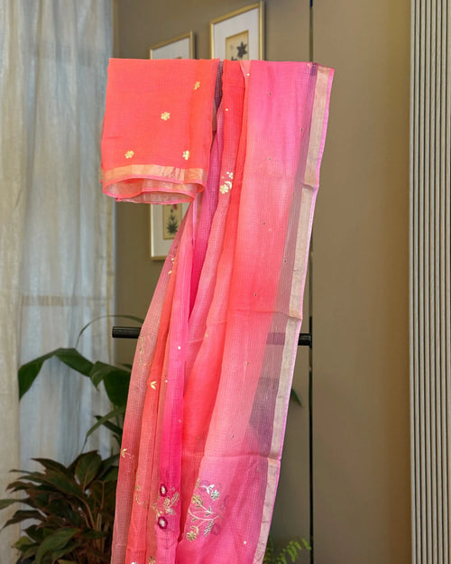 Coral Embroidered Kota Silk Saree, detail view