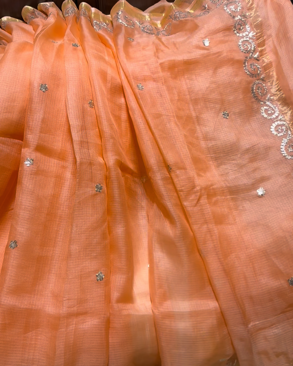 Kota Silk Pita Work Saree in Peach
