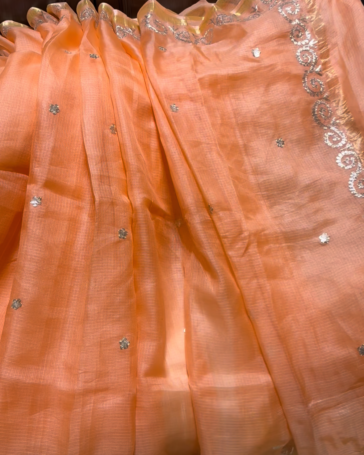 Kota Silk Pita Work Saree in Peach