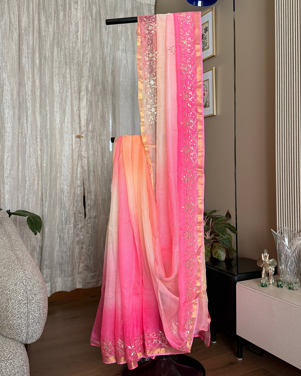 Shaded Kota Silk Gota Work Saree in Peach Pink